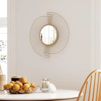 HOMCOM Miroir décoratif rond 60 cm avec fixation à 360°, décoration murale en métal moderne avec détails plissés, doré(m-10)