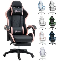 Vinsetto Silla Gaming Silla Gamer de Cuero PU Reclinable 135° Reposacabezas y Reposapiés 65x65x121-129 cm Negro y Rosa(m-10)