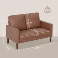 HOMCOM Sofá de 2 Plazas Tapizado en Microfibra con Patas de Madera Reposabrazos 130x78x85 cm Marrón(m-3)
