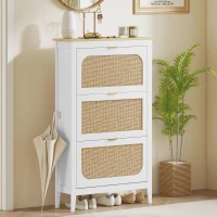 HOMCOM Meuble à chaussures 21 paires bohème avec 3 tiroirs rabattables, portes effet cannage rotin, 80 x 24 x 131 cm, blanc(m-10)