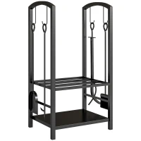 Outsunny Portalegna da Interno ed Esterno Rialzato a 2 Ripiani, Porta Legna da Ardere in Metallo con Paletta, Scopa, Attizzatoio e Pinza, Capacità 100 kg, 40x30x74.5 cm, Nero(m-1)