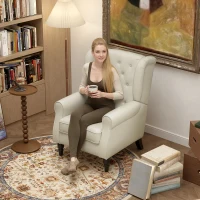 HOMCOM Sillón de Salón con Reposacabezas y Patas de Madera Butaca Carga 160 kg para Dormitorio Oficina Sala de Estar Crema(m-9)