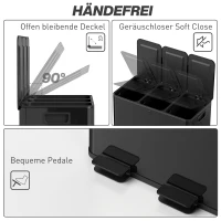 HOMCOM Mülleimer mit 3 x 20 L Fächern, Deodorant-Deckel, fingerabdrucksicher, Soft-Close, herausnehmbar, Schwarz(m-6)