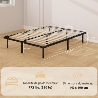 HOMCOM Cadre de lit 140 x 190 cm, lit 2 personnes en bois massif avec sommier à lattes et pied, rangement au-dessous, noir(m-3)