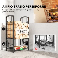 Outsunny Portalegna da Interno ed Esterno Rialzato a 2 Ripiani, Porta Legna da Ardere in Metallo con Paletta, Scopa, Attizzatoio e Pinza, Capacità 100 kg, 40x30x74.5 cm, Nero(m-4)