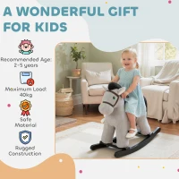 AIYAPLAY Baby Rocking Horse, Plush Ride on Toy with Handle Grip, Sound and Doll, Toddler Animal Rocker for Kids Aged 2-5, Grey(m-9)