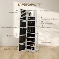 HOMCOM 360° Swivel Jewellery Cabinet, Free Standing Full Length Mirror with Storage, Lockable Jewellery Organiser with Built-in Makeup Mirror and Storage Shelves for Bedroom, White(m-5)