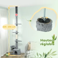 PawHut Arbre à chat du sol au plafond, tour à chat réglable en hauteur 225-255 cm à plusieurs niveaux, revêtement peluche, gris(m-4)
