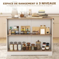 HOMCOM Table de bar, table haute cuisine à 3 niveaux 2 compartiments ouverts, plateau effet bois naturel 113 x 60 x 90 cm blanc(m-4)