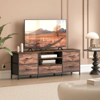 HOMCOM Meuble TV 140 cm, meuble télé 65 pouces, station de charge, 5 tiroirs en tissu, étagères ouvertes, 140x30x50cm, marron(m-10)