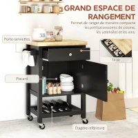 HOMCOM Desserte de cuisine à roulettes, chariot de service, plan de travail en bois d'hévéa, tiroir, 63,5 x 40 x 90 cm, noir(m-4)