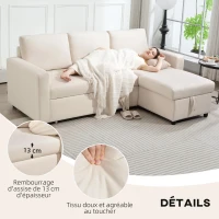 HOMCOM Canapé d'angle convertible modulable avec méridienne réversible, coffre de rangement et 3 coussins de dossier, crème(m-5)