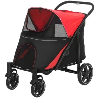 PawHut Carrinho para Cães Dobrável com Janelas de Malha Cinto de Segurança e Bolsos de Armazenamento 112x65x100 cm Vermelho(m-11)