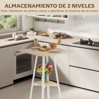 HOMCOM Mesa Alta Cocina Cuadrada con Estante para 2 Personas Patas de Metal 55x55x95 cm Madera Natural y Blanco(m-4)
