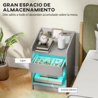 HOMCOM Mesita de Noche con Estación de Carga Luz LED RGB Cajón Estante Abierto Puertos USB y Control Remoto 40x40x58 Cm Gris(m-6)