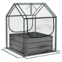 Outsunny Canteiro Quadrado de Jardim com Mini Estufa Jardineira Elevada em Aço Galvanizado 70x70x90 cm Cinza Escuro(m-8)