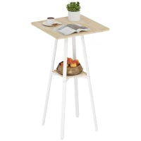 HOMCOM Mesa Alta Cocina Cuadrada con Estante para 2 Personas Patas de Metal 55x55x95 cm Madera Natural y Blanco(m-11)
