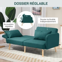 HOMCOM Canapé convertible 3 places design clic clac dossier inclinable et accoudoirs réglables tissu effet lin vert(m-6)