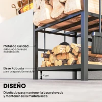 Outsunny Estante de Leña para chimenea Soporte para Leña de 2 Niveles Leñero Exterior e Interior Metálico con 4 Herramientas para Chimenea Carga Máx.100 kg 40x30x74,5 cm Negro(m-6)