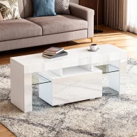 HOMCOM Meuble TV, meuble télé avec éclairage LED RGB, haute brillance, étagères en verre trempé, 120x34x45cm, blanc(m-8)