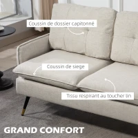 HOMCOM Canapé 2 places, canapé de salon, coussins, assise rembourrée, dossier capitonné, 139 x 68 x 80 cm, crème(m-4)