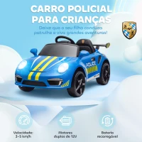 AIYAPLAY Carro Elétrico para Crianças de Polícia  12V com Motor Duplo Sirene Música Sem Fios Buzina Rodas Auxiliares e Faróis LED 105x58x49 cm Azul(m-4)