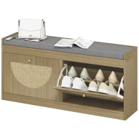 HOMCOM Banco Zapatero con Asiento Acolchado Puertas Frentes de Ratán Estante Ajustable para 8 Pares de Zapatos Natural(m-11)