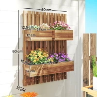 Outsunny Jardinera de Pared de Madera con Enrejado y 3 Macetas Móviles para Jardín Terraza Patio 60x16x80 cm Carbonizado(m-3)