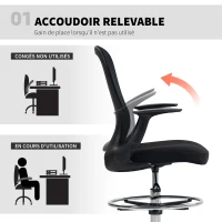 HOMCOM Chaise bureau ergonomique avec repose-pieds ajustable et accoudoirs relevables, hauteur réglable, 59x62x99-119cm, noir(m-4)