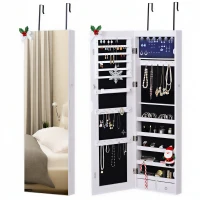 HOMCOM Jewelry Cabinet with Mirror and LED Lights, Lockable Makeup Cosmetics Jewellery Organiser, Mirror with Storage for Bedroom Dressing Room, White(m-10)