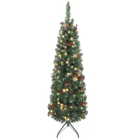 HOMCOM Albero di Natale Illuminato con 150 Luci LED, 30 Pigne e 30 Grappoli di Bacche, Ø60x150 cm, Verde e Argento(m-11)