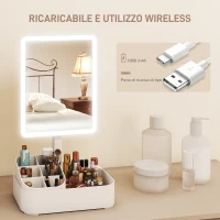HOMCOM Specchio da Trucco con Luce Regolabile su 2 Livelli, Rotazione 180° e Organizer per Trucchi, Bianco(m-6)