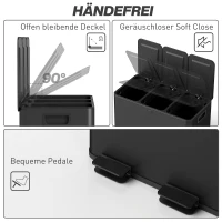 HOMCOM Afvalemmer met 3 x 15 L compartimenten, deodorantdeksels, vingerafdrukbestendig, soft-close, verwijderbaar, Zwart(m-6)