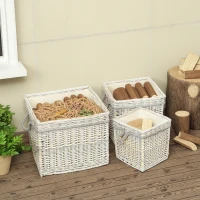 Outsunny Set of 3 Log Baskets for Wood Burner Indoor, Storage Basket with Lining and Rope Handles, Wicker Basket for Fireside Storage, Blankets, Beige(m-7)