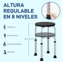 HOMCOM Taburete de Ducha de Aluminio con Altura Regulable Antideslizante Carga 135 kg para Ancianos y Discapacitados(m-7)