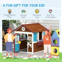 Outsunny Wooden Playhouse with Doors, Windows, Plant Pots, Boxes, for 3-8 Years - Dark Brown(m-6)