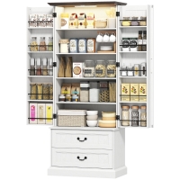 HOMCOM Buffet haut cuisine, armoire de cuisine, LED à capteur, 2 portes, tiroirs et étagères réglables, 76x39,5x183cm, blanc