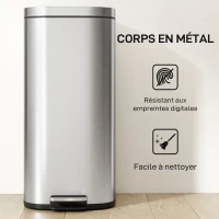HOMCOM Poubelle cuisine 30L, poubelle à pédale avec seau intérieur amovible, couvercle à fermeture douce, 29x36x59,5cm, argent(m-7)