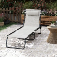 Outsunny Tumbona Plegable y Ajustable de 4 Posiciones Silla Reclinable de Jardín con Sistema de Cordones para Exterior Marco Acero 189x58x30 cm Crema(m-9)