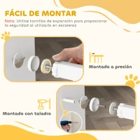 PawHut Barrera de Seguridad de Perros Extensible para Escaleras y Puertas 76-97 cm con 2 Extensiones de 7 cm Cierre Automático y Marco Metálico Altura 76 cm Blanco(m-7)