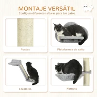 PawHut Juego de Pared de Escalada para Gatos de 3 Piezas con Hamaca Rampa con Rascador Plataforma en Forma de Nube Gris(m-5)