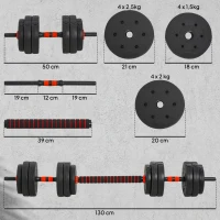 HOMCOM Kit Haltères Musculation 2-en-1, Lot de 2, 25 kg, poids réglable - Barres incluses - entraînement Musculaire & haltérophilie - HDPE Noir Rouge(m-3)