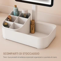 HOMCOM Specchio da Trucco con Luce Regolabile su 2 Livelli, Rotazione 180° e Organizer per Trucchi, Bianco(m-8)