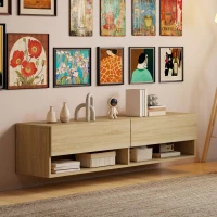 HOMCOM Mueble de TV Suspendido 2 Cajones Abatibles 2 Estantes Abiertos para Televisión 60 Pulgadas 140x32x31 cm Madera Natural(m-8)