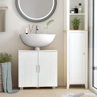 kleankin Meuble sous lavabo de salle de bain 2 portes battantes avec 1 étagère réglable, sur pied, poignées Alliage Aluminium dim. 60L x 30l x 60H cm - MDF Blanc(m-10)