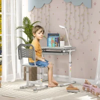 HOMCOM Ensemble bureau enfant avec chaise en acier hauteur réglable, tablette coulissante, bureau inclinable 45° - gris blanc(m-10)