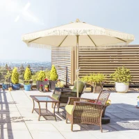 Outsunny Sombrilla de Jardín Ø265x244 cm con Manivela Manual Ángulo Ajustable y Flecos de Estilo Boho para Terraza Piscina Crema(m-9)