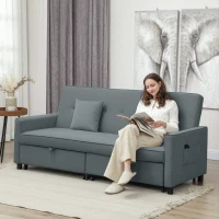 HOMCOM Sofa rozkładana 3-w-1, 3-osobowa kanapa 196x90 cm z funkcją spania, regulowane oparcie, narożnik z poduszkami, styl welur, do salonu, sypialni, szary(m-2)