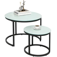HOMCOM Glass Coffee Table Set of 2, Round Nest of Tables with Marble-Effect Tempered Glass Tabletop and Steel Frame, Modern Side Tables for Living Room, White(m-10)