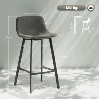 HOMCOM Bar Stools Set of 2, PU Leather Dining Stools with Backrest, Footrest, for Kitchen, Counter, Breakfast Bar, Grey(m-3)